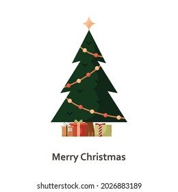 Ilustración vectorial con un árbol de Navidad y regalos. Icono plano de Año Nuevo