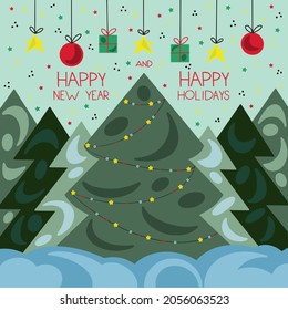 Vector illustration of Christmas tree with gifts in the forest
