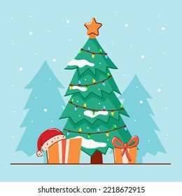 vector illustration of a Christmas tree with gifts and lanterns. The concept of New Year and Christmas