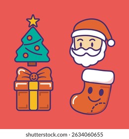 A vector illustration of a Christmas tree, gifts, and a Santa hat