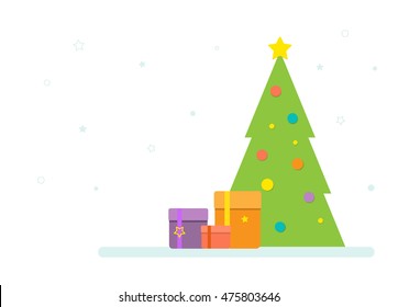 Vector illustration of Christmas tree and gifts in simple flat shapes style.