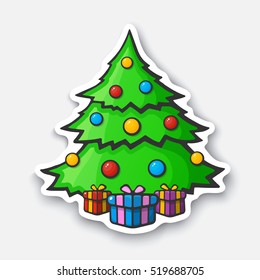 Vector illustration. Christmas tree with gifts boxes. Cartoon funny sticker in comic style with contour. Decorative stickers for your greeting cards, posters, patches and prints for clothes, flyers