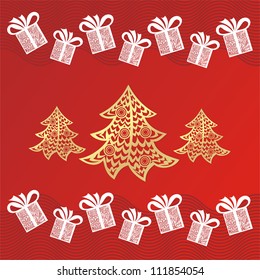 Vector illustration of christmas tree gold and red presents pattern