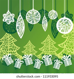 Vector illustration of christmas tree green pattern present ball