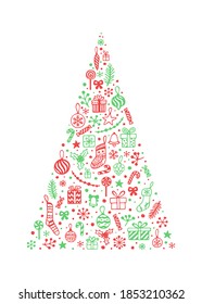 Vector illustration of Christmas tree with hand drawn cute elements. Silhouette isolated on red background