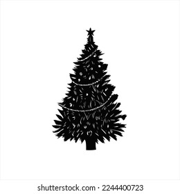 Vector illustration of Christmas tree head logo. A black and white christmas tree with a star on top of it, with a white background 