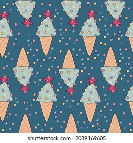 Vector illustration. Christmas tree ice cream seamless pattern.