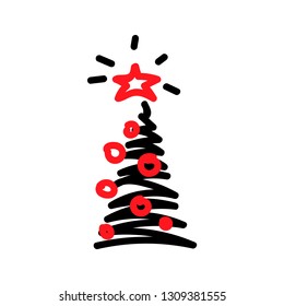 Vector illustration, Christmas tree icon. Hand drawn line sketched style. Isolated, on white background. Applicable as decorative element for interior designs, greeting postcards, posters, flyers etc.