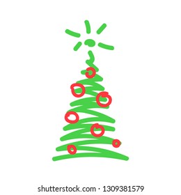 Vector illustration, Christmas tree icon. Hand drawn line sketched style. Isolated, on white background. Applicable as decorative element for interior designs, greeting postcards, posters, flyers etc.