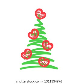 Vector illustration, Christmas tree icon. Hand drawn line sketched style. Isolated, on white background. Applicable as decorative element for interior designs, greeting postcards, posters, flyers etc.
