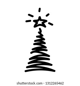 Vector illustration, Christmas tree icon. Hand drawn line sketched style. Isolated, on white background. Applicable as decorative element for interior designs, greeting postcards, posters, flyers etc.