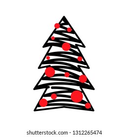 Vector illustration, Christmas tree icon. Hand drawn line sketched style. Isolated, on white background. Applicable as decorative element for interior designs, greeting postcards, posters, flyers etc.