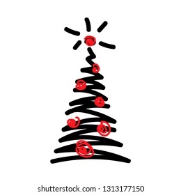 Vector illustration, Christmas tree icon. Hand drawn line sketched style. Isolated, on white background. Applicable as decorative element for interior designs, greeting postcards, posters, flyers etc.