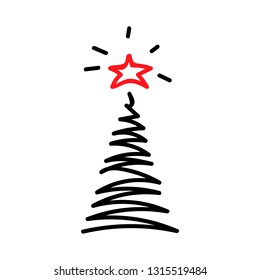 Vector illustration, Christmas tree icon. Hand drawn line sketched style. Isolated, on white background. Applicable as decorative element for interior designs, greeting postcards, posters, flyers etc.