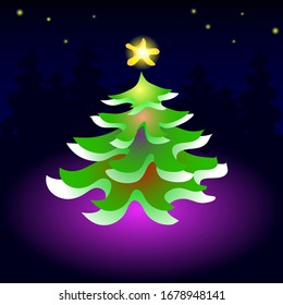 Vector illustration of a Christmas tree illuminated by lights and growing in a spruce forest.