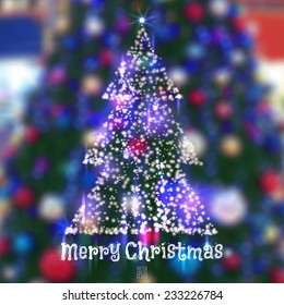 Vector illustration. Christmas tree from the luminous elements  on a background of blurred photos with Christmas tree