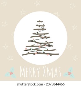A vector illustration of a christmas tree made of wooden sticks and decorated with christmas lights. The card has a greeting text below and mistletoes. The illustration is made in light colours