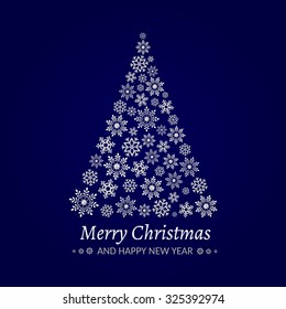 Vector illustration of a Christmas tree made from snowflakes. Holiday design, triangle snowflakes. Can be used as Christmas card, invitation, background, print for clothes, cup, etc