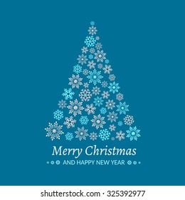 Vector illustration of a Christmas tree made from snowflakes. Holiday design, triangle snowflakes. Can be used as Christmas card, invitation, background, print for clothes, cup, etc