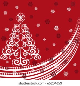 vector illustration of a Christmas tree made using ornament on red background with snowflakes