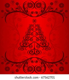 vector illustration of a Christmas tree made using ornament on red background.