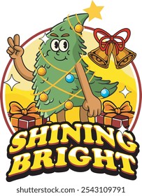 Vector Illustration of Christmas Tree Mascot with Retro Mascot Illustration Available for Logo Badge
