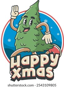Vector Illustration of Christmas Tree Mascot with Retro Mascot Illustration Available for Logo Badge