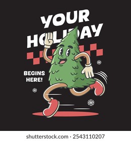 Vector Illustration of Christmas Tree Mascot with Retro Mascot Illustration Available for Tshirt Design