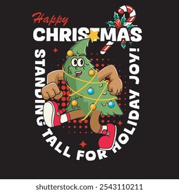 Vector Illustration of Christmas Tree Mascot with Retro Mascot Illustration Available for Tshirt Design