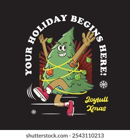 Vector Illustration of Christmas Tree Mascot with Retro Mascot Illustration Available for Tshirt Design