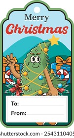 Ilustración vectorial de la mascota del árbol de Navidad con la ilustración retro de la mascota disponible para la Plantilla de la tarjeta