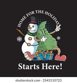 Ilustração vetorial do mascote da árvore de Natal com boneco de neve na ilustração do mascote retrô disponível para o design da camisa