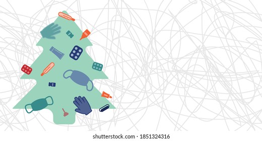 vector illustration for Christmas tree and masks gloves quarantine symbols for covid holidays