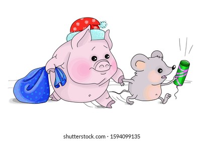Vector illustration christmas tree mouse, boar,zodiac,celebration,friends,checrful, family