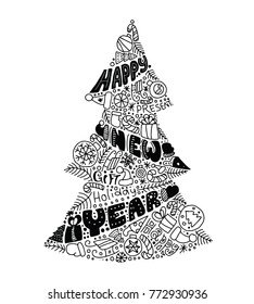 Vector illustration of christmas tree. Christmas and New year handdrawn lettering. 