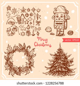 Vector illustration of christmas tree, Nutcracker, toys, wreath, walnut, text Merry Christmas on background with abstract paper texture. Christmas tree branch,tree sketch.Linear art in vintage style