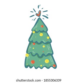 Vector illustration of Christmas tree on a white background. Green Christmas tree as symbol of Happy New Year, Merry Christmas holiday celebration. Sparkle light tree with heart. isolated flat doodle