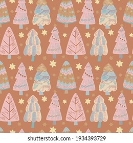 Vector illustration of a christmas tree on a terracotta background. Seamless pattern in hand drawn style. For printing on paper or fabric. Poster, congratulation or stylish element of the interior.