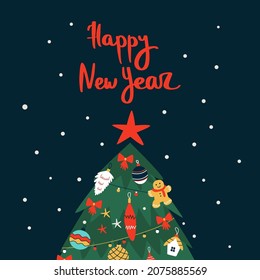 Vector illustration with Christmas tree on dark snowy background and happy new year lettering. 
