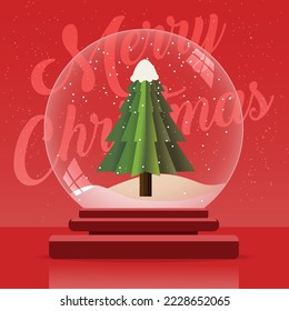 Ilustración vectorial de un árbol de Navidad en colinas nevadas dentro de una bola de cristal - mensaje de bienvenida de Navidad sobre fondo rojo - concepto de vacaciones de Navidad