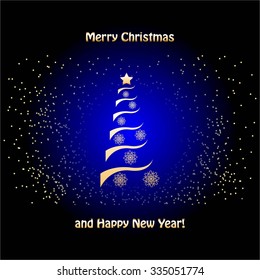 Vector illustration of Christmas tree on a blue black background.