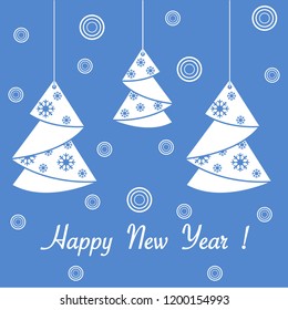 Vector illustration of Christmas tree origami folded and hanging on the ropes. Design element for postcard, invitation.