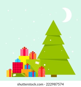 Vector illustration of the Christmas tree and piles of presents under it on blue background with snowflakes and moon. Color bright flat design for card, banner, poster, advertising, blog 