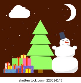 Vector illustration of the Christmas tree and piles of presents under it with snowflakes and snowman 