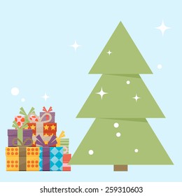 Vector illustration of the Christmas tree and piles of presents