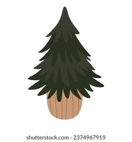 Vektorgrafik eines Weihnachtsbaums in einem Topf, in einem flachen Stil auf weißem Hintergrund, der als dekoratives Element in Designvorlagen verwendet werden kann. Weihnachtsbaum im skandinavischen Stil