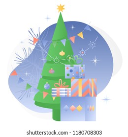 Vector illustration of Christmas Tree with presents boxes nearby. New Year template for cards, invitations, banners, decorations, and more holidays purposes.