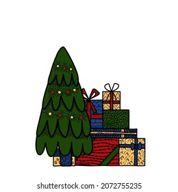 Vector illustration. Christmas tree and presents pile. Gift boxes different sizes in a pile. New Year Christmas festive illustration with space for text. For printing on paper, cards, social media.