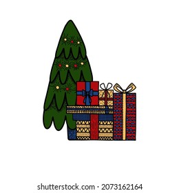 Vektorgrafik. Weihnachtsbaum und Geschenkstapel. Geschenkbox in verschiedenen Größen in einem Stapel. Weihnachtsschmuck mit Platz für Text. Zum Druck auf Papier, Karten, soziale Medien.