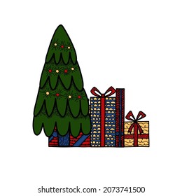 Vector illustration. Christmas tree and presents pile. Gift boxes different sizes in a pile. New Year Christmas festive illustration with space for text. For printing on paper, cards, social media.